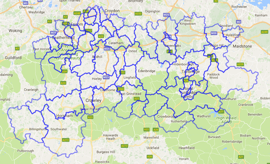 Map of Sussex, Surrey and Kent